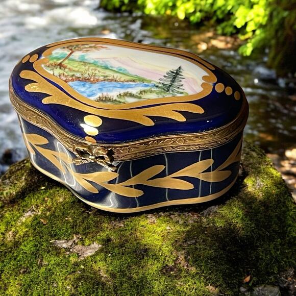 Authentic Limoges Cobalt and Gold Forest Mountains Scene Trinket Box Ring Box